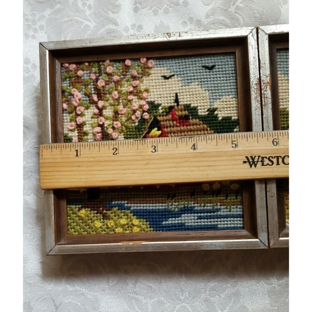 Vintage Jiffy Finished Needlepoint Spring Barn Summer Mill Set 2 Framed Square